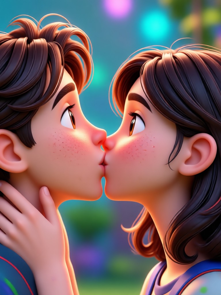 Ghibli style soft animated couple kiss