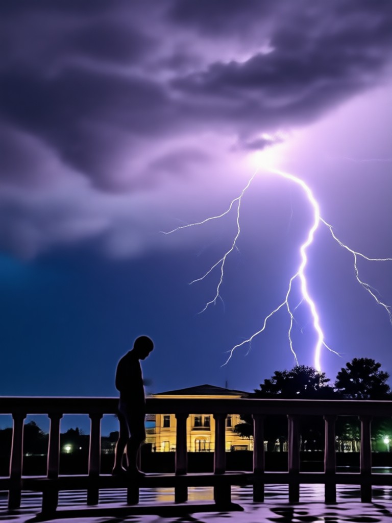 Lone figure on a cliff facing a thunderstorm AI video