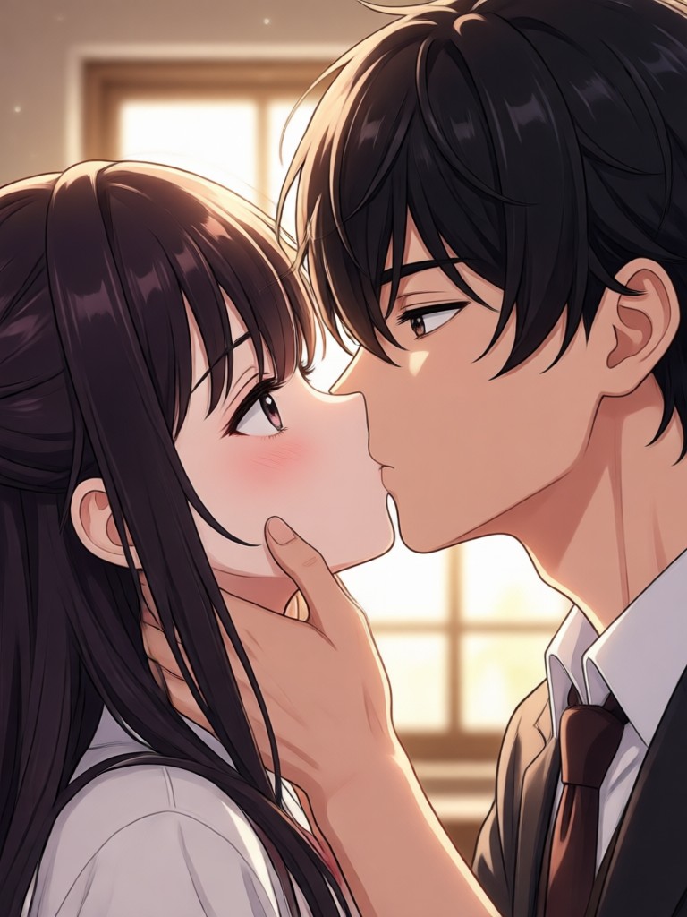Blushing characters sharing a shy, first kiss