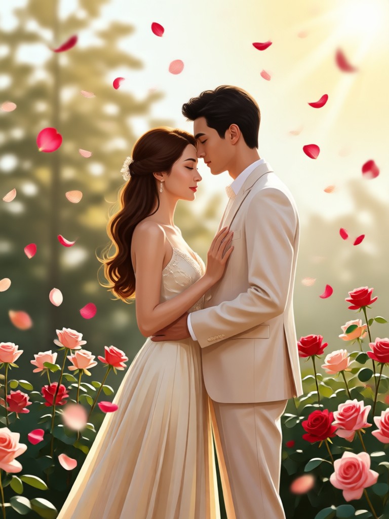 Snowy winter scene with red rose petals added by AI