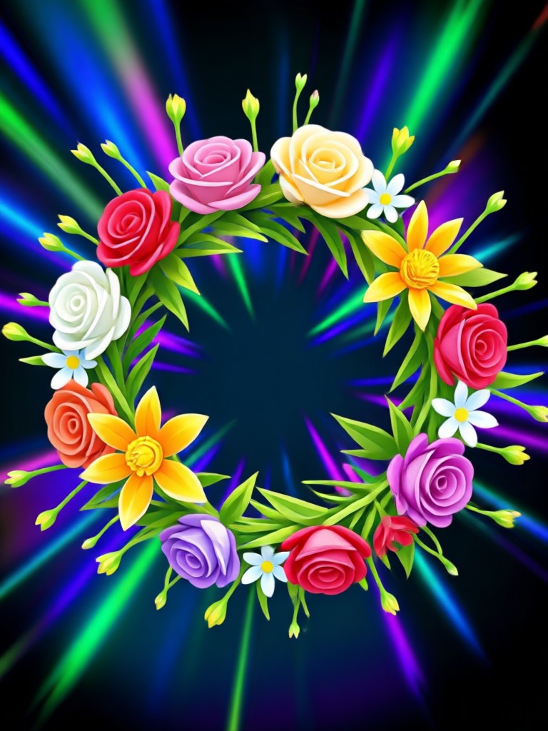 Masquerade style portrait with an elaborate AI flower crown