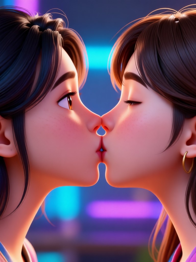 Disney style animated couple kissing video