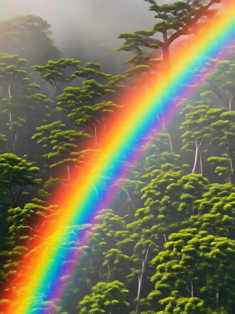 Realistic rainbow over mountain landscape photo