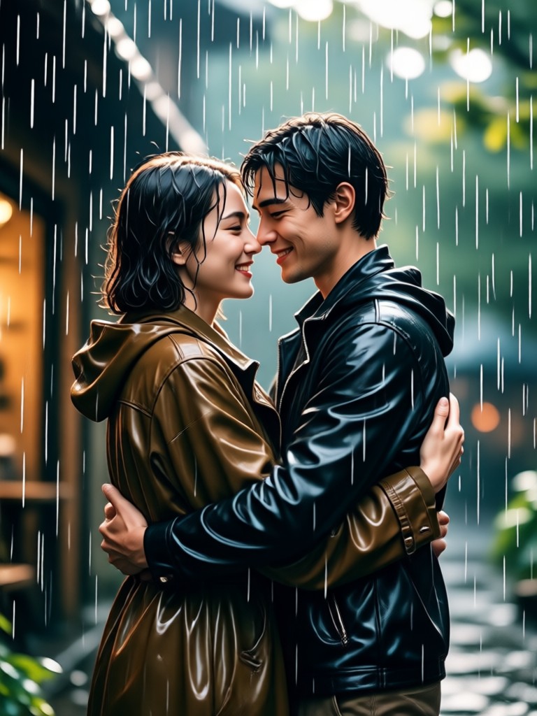 Friends hugging in rain animation from two photos