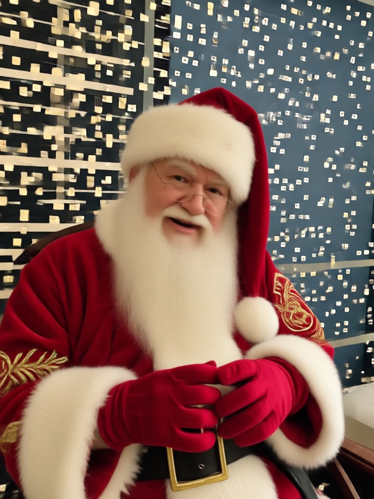 Santa placing a gift under a Christmas tree