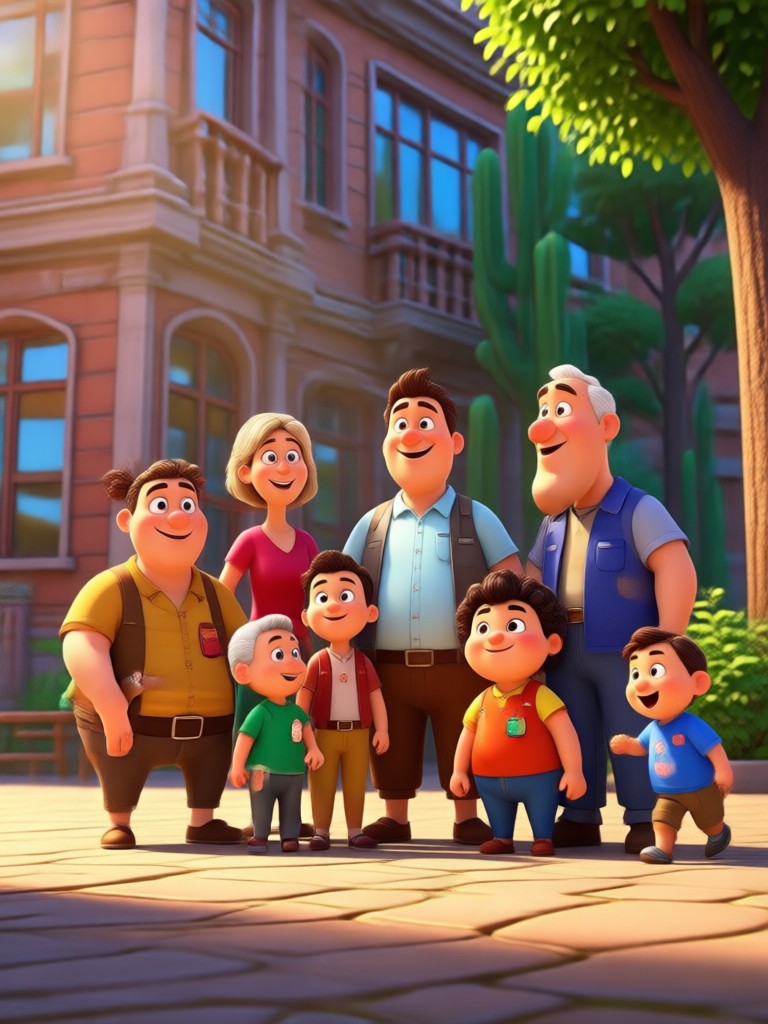 Multi generation family portrait in Pixar movie style