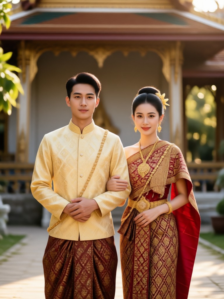 Elegant Thai couple portrait with floral accessories