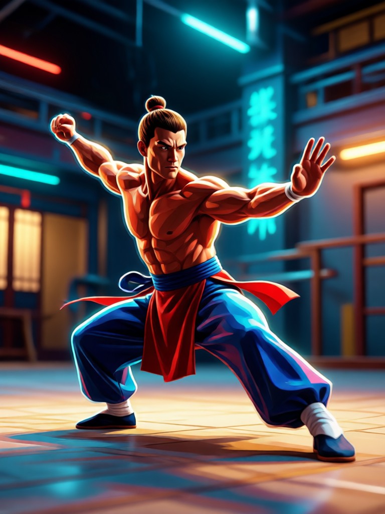Cybernetic fighter in a futuristic kungfu scene