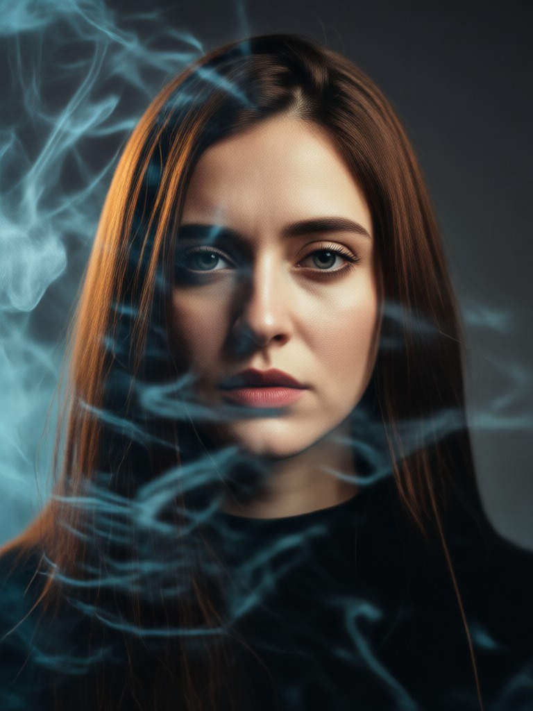 Portrait blending subject with smoky background
