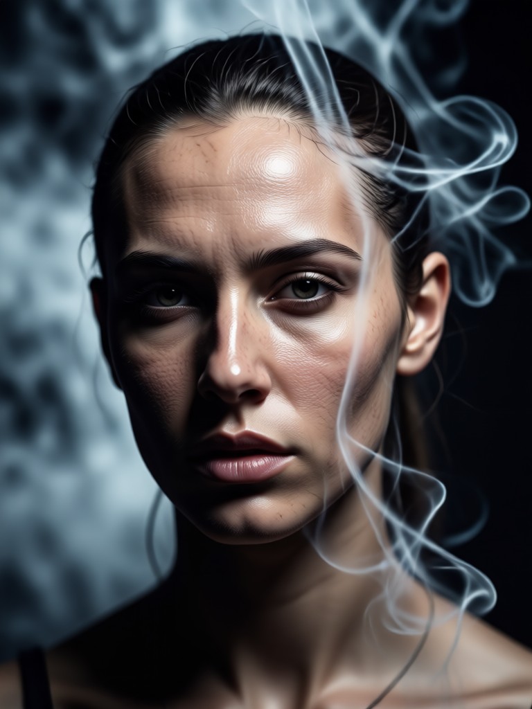 Retrato mágico con humo de partículas coloridas