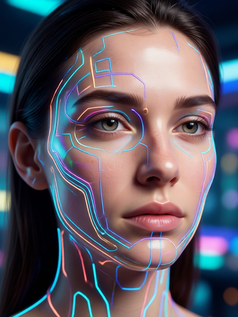 Cyberpunk-Frauengesicht mit Neonbeleuchtung