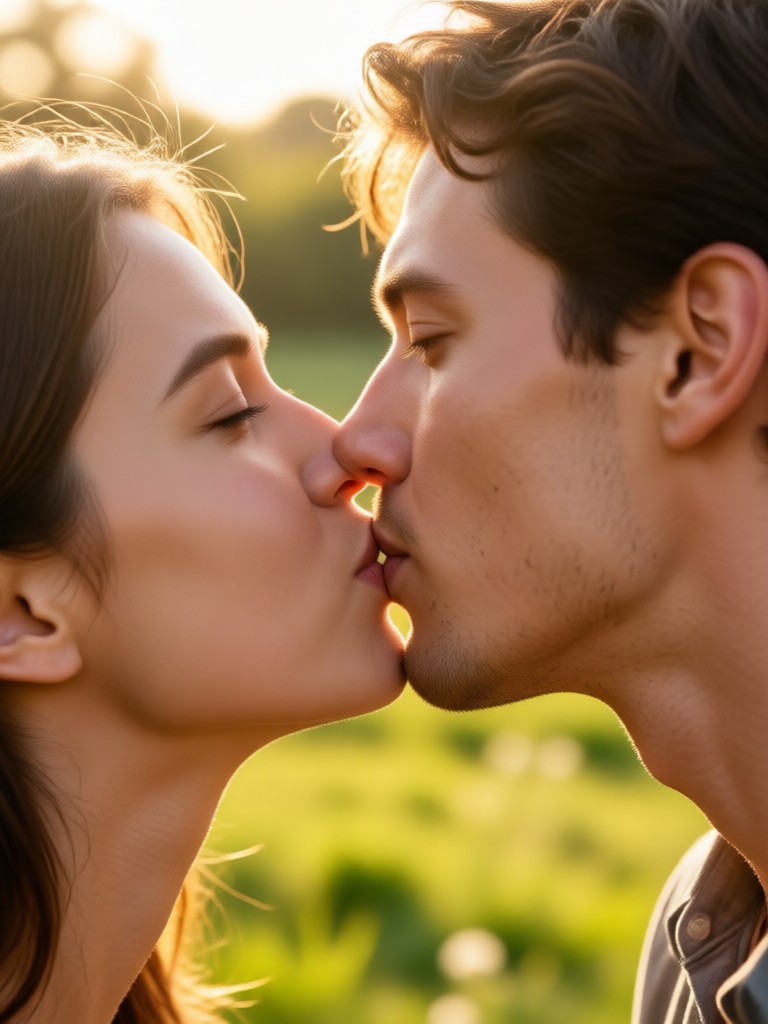Golden hour couple kiss by lake