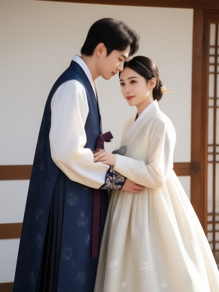 Traditional engagement hanbok couple with norigae accessories
