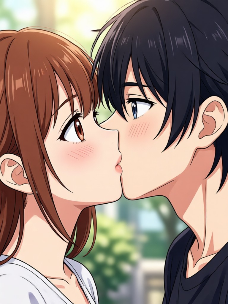 Modern anime couple kissing in the rain, cinematic