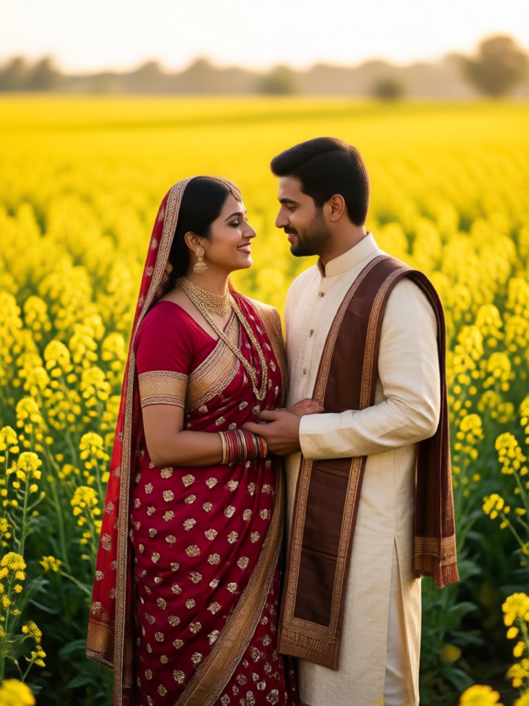 Cinematic wide shot of couple in vast mustard fields