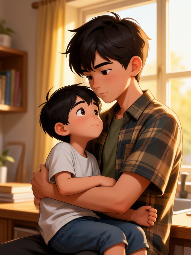 Simple, poignant hug in a home setting