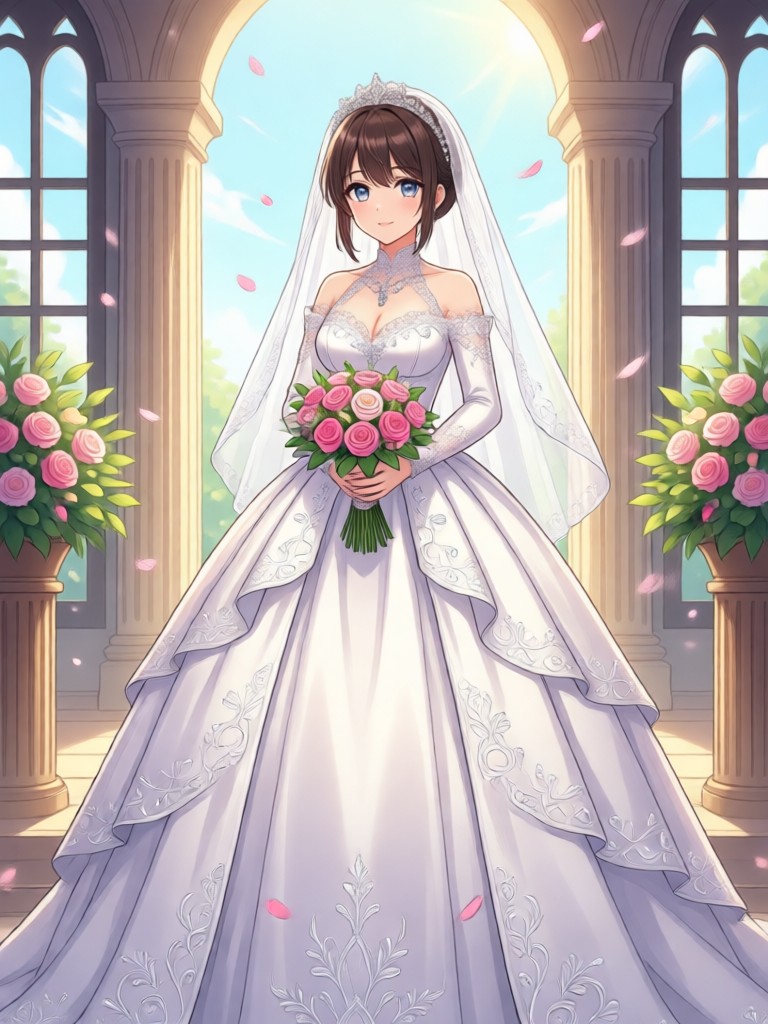 Anime bride with detailed veil and jewelry