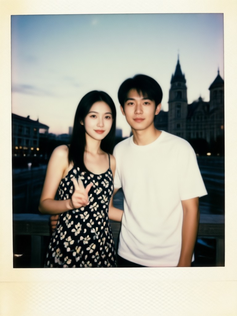 レトロポーラロイド風旅行カップル写真