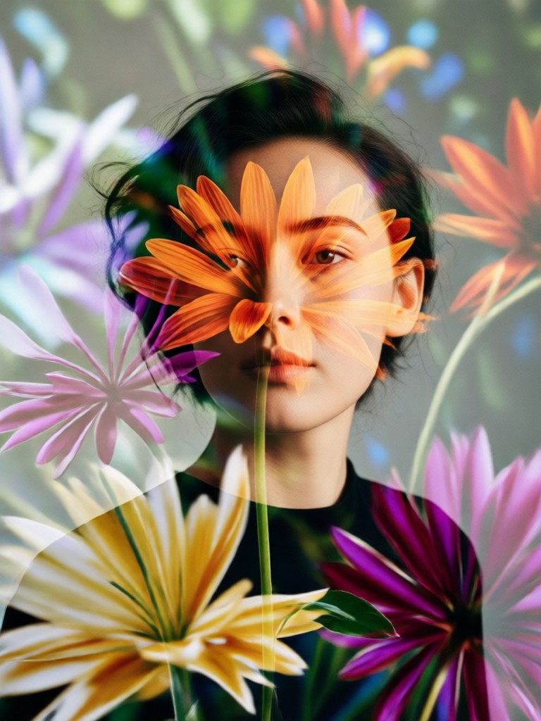 Peony floral double exposure with vintage portrait style