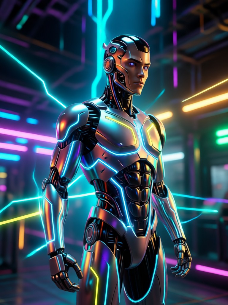 Cyberpunk AI action hero with neon lights