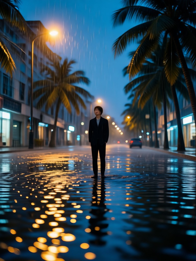 Romantic couple kissing under streetlight in heavy rain AI video
