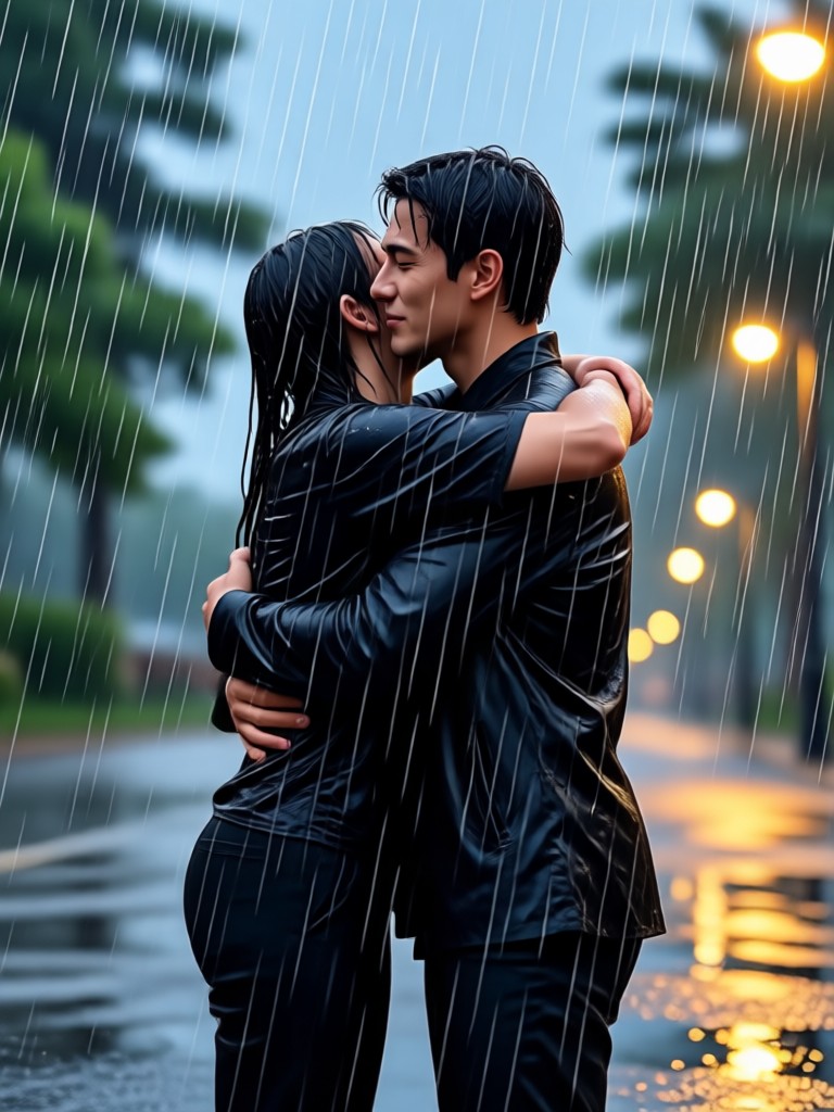 Family group hug reunion in a rainy park