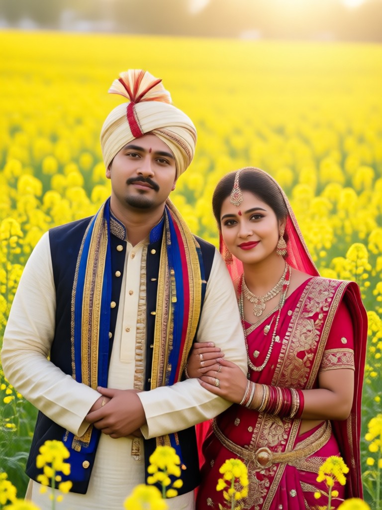 Modern Indian couple in contemporary outfits in field