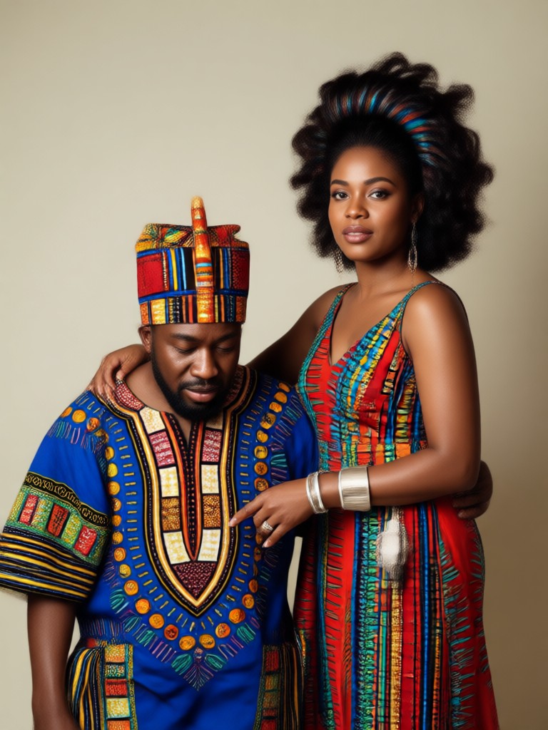 Ghanaian Kente cloth couple portrait with golden accessories
