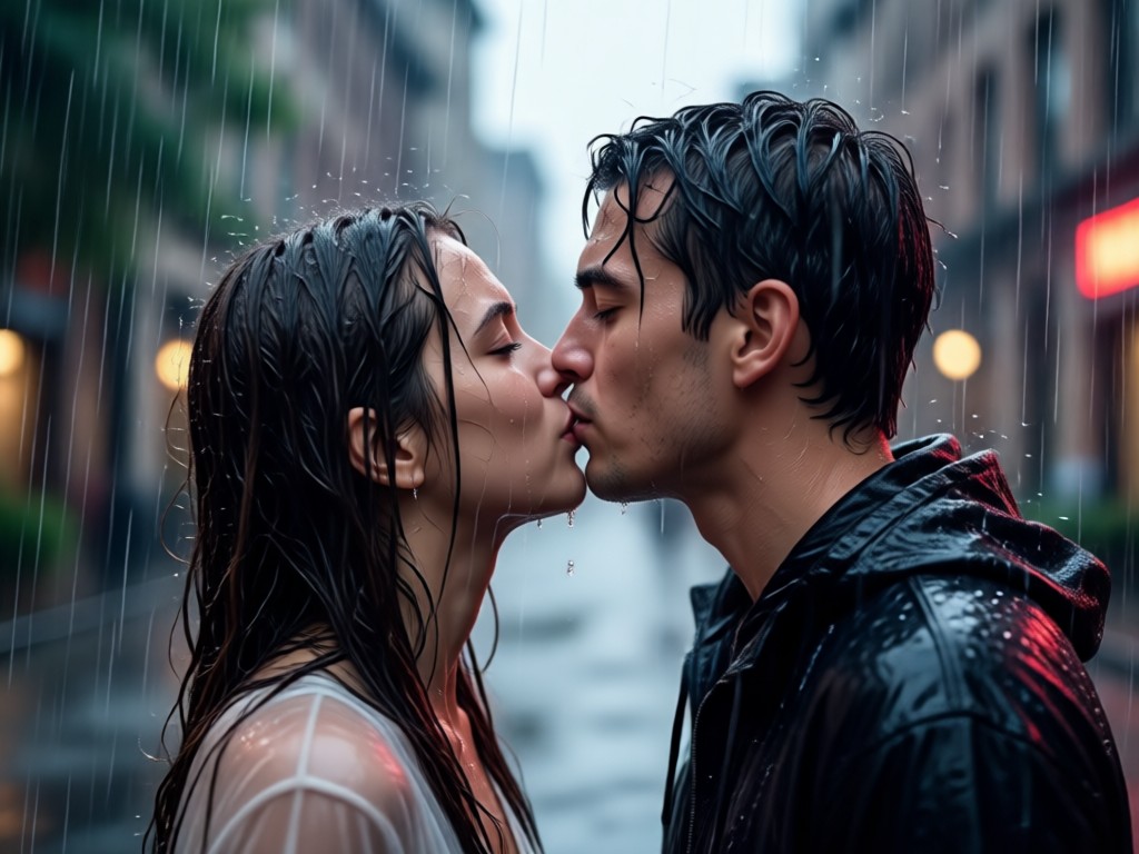 AI generated realistic rain effects on goodbye kiss scene