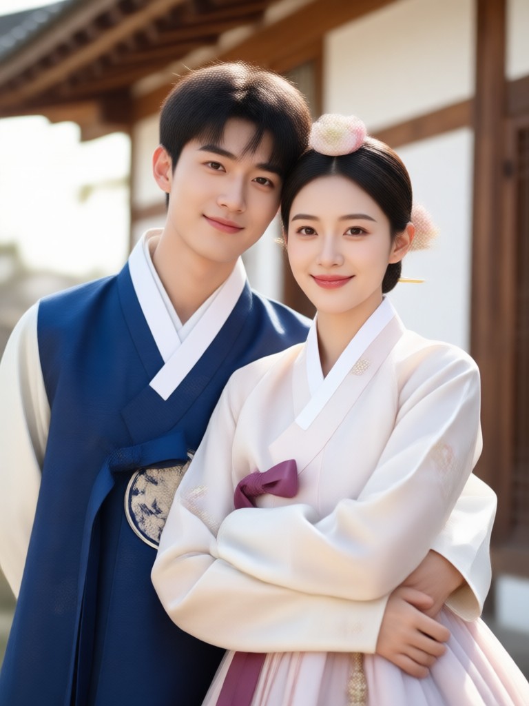 Traditional red wedding hanbok couple portrait