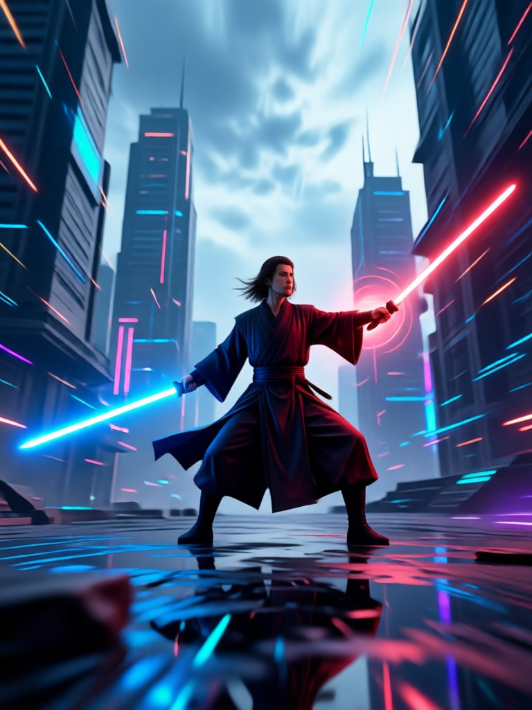 Efeito de vídeo com IA de manto Jedi e brilho