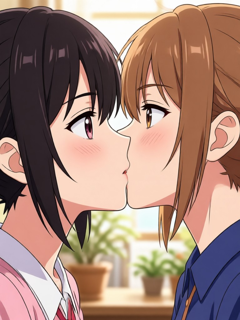 Romantic sunset anime kiss scene