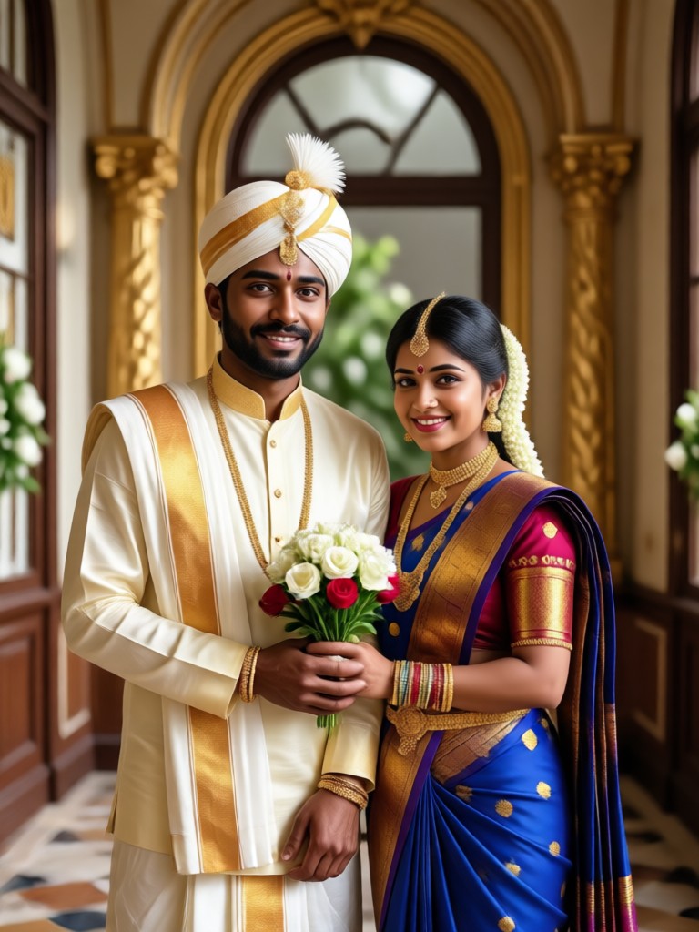 Potret pasangan tradisional India Selatan hasil AI dengan sari Kanjeevaram dan veshti