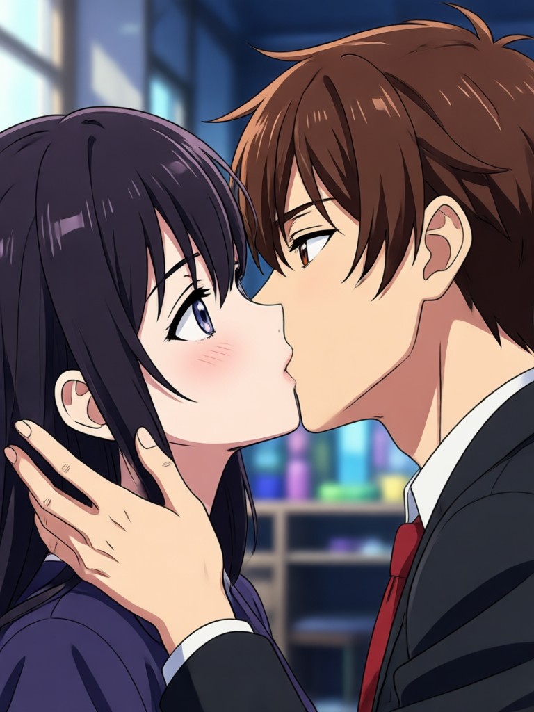 Classic 90s anime style kiss, nostalgic and heartfelt