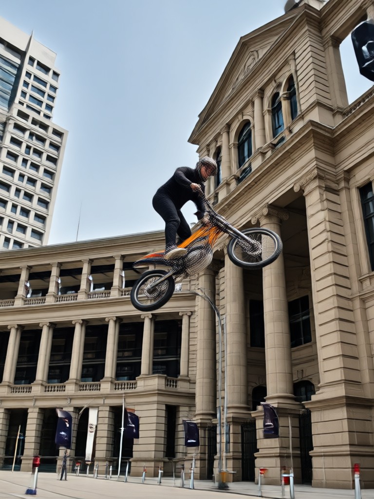 AI motorcycle stunt wheelie on a city street