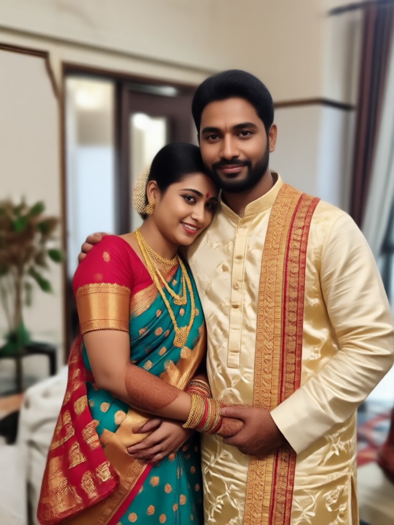 Gujarati couple in red and gold wedding attire