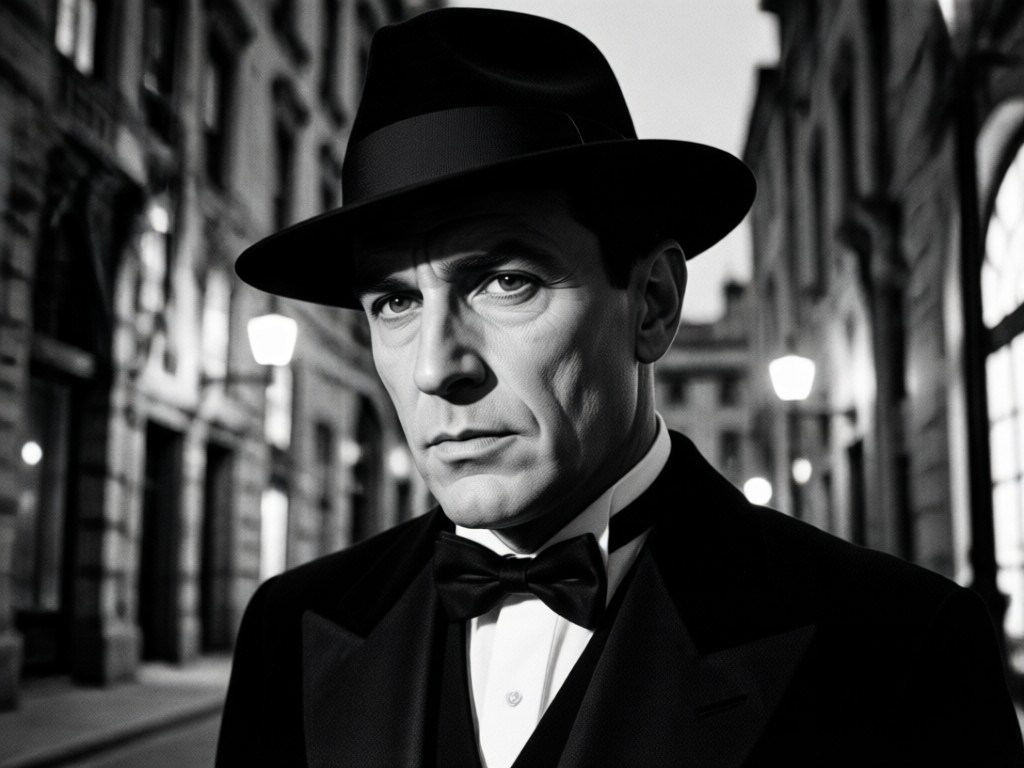 Exemplo de gradação de tom cinematográfica em preto e branco em um retrato noir
