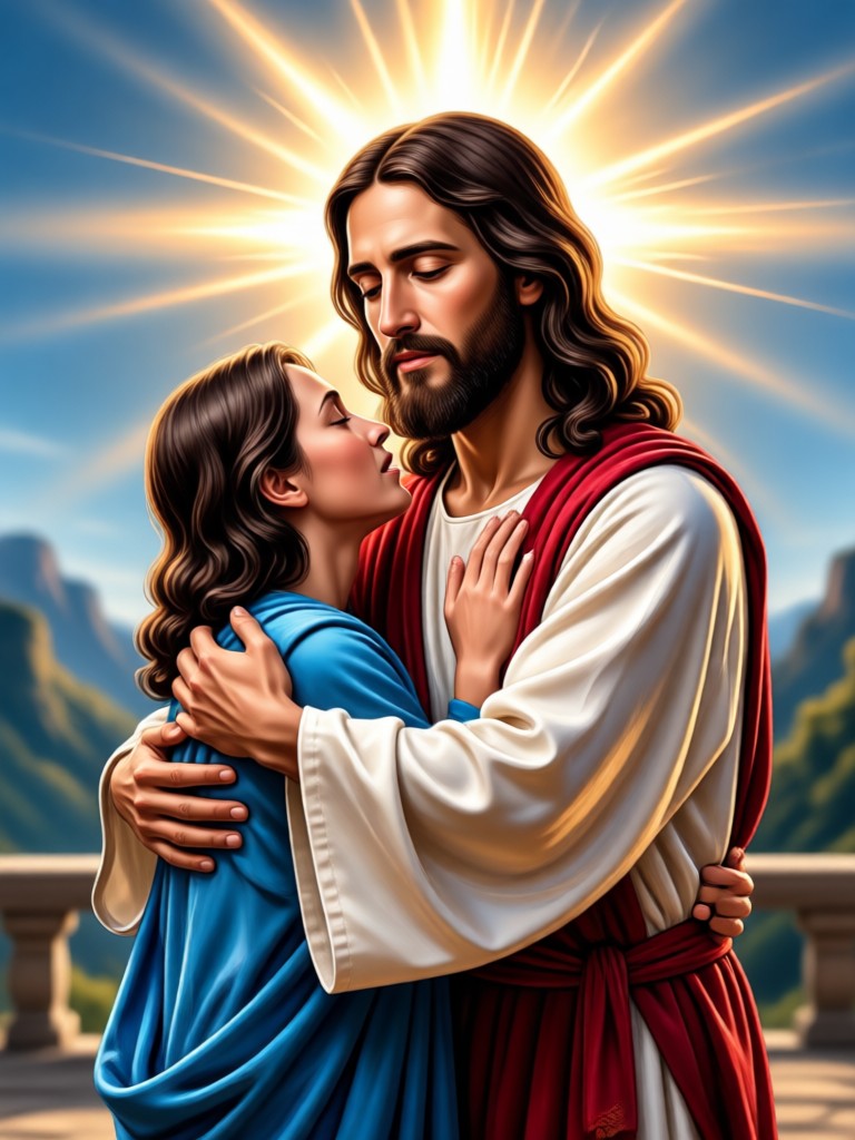 AI Jesus hug video example golden light