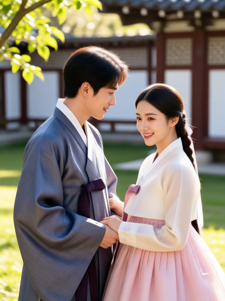 AI generated hanbok couple portrait in traditional Korean attire