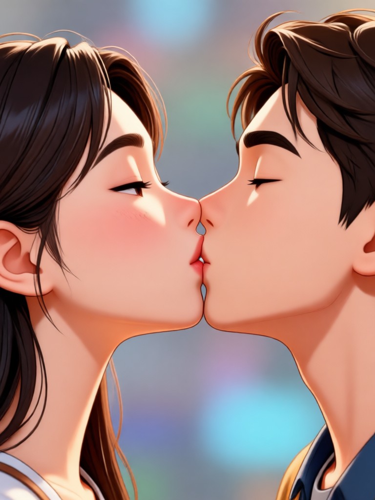 Cyberpunk styled couple sharing a neon lit kiss
