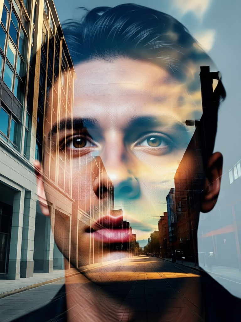 Double exposure portrait blended with cityscape at night