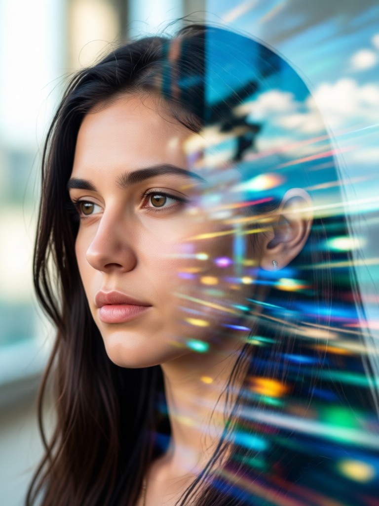 Cinematic double exposure with portrait and starry night sky