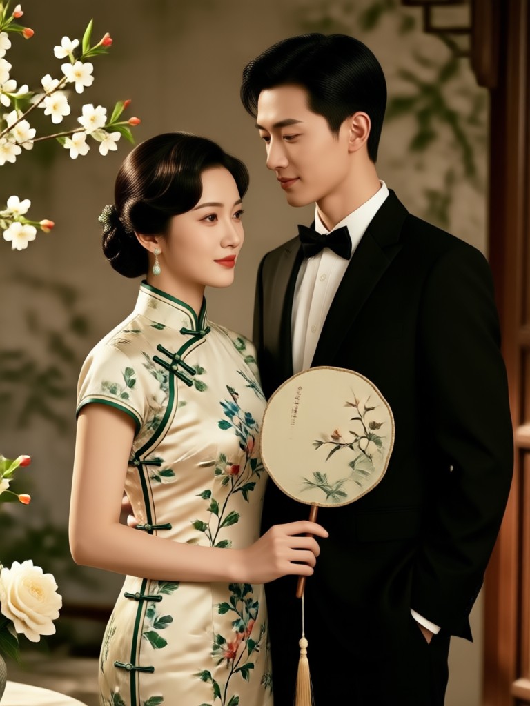 Qipao photoshoot with traditional fan