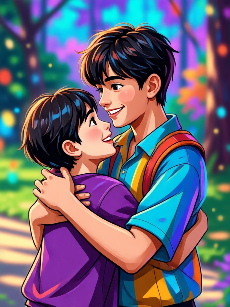 Man hugging his childhood self in a sunny field AI image