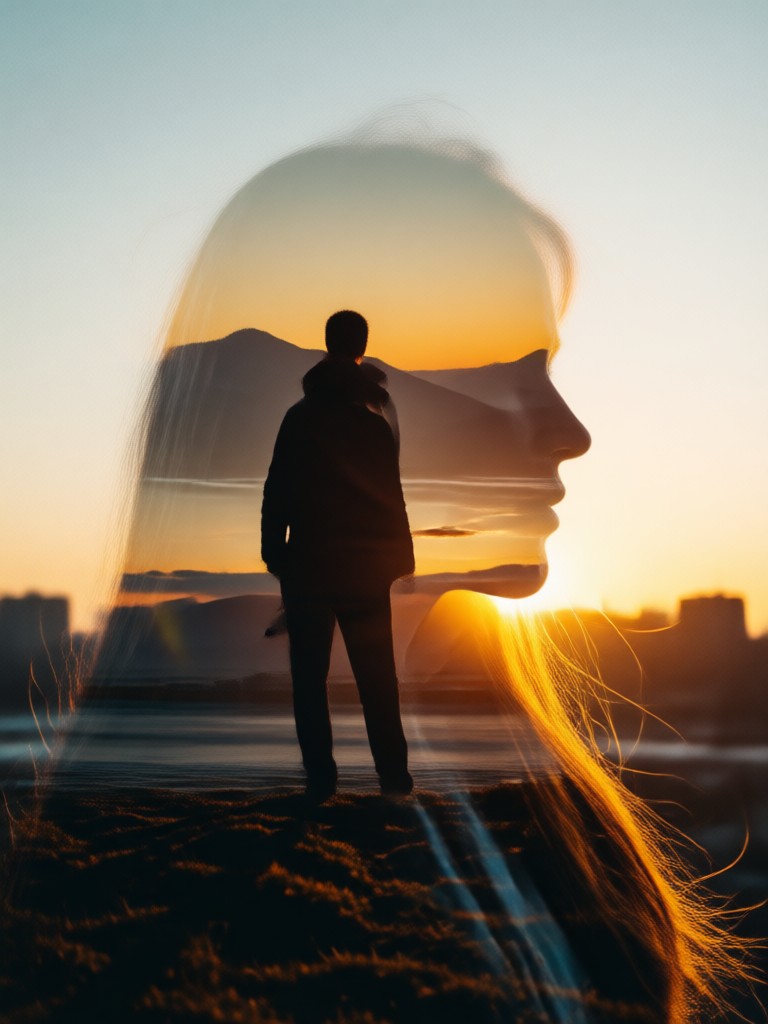 Double exposure cakrawala kota saat sunset