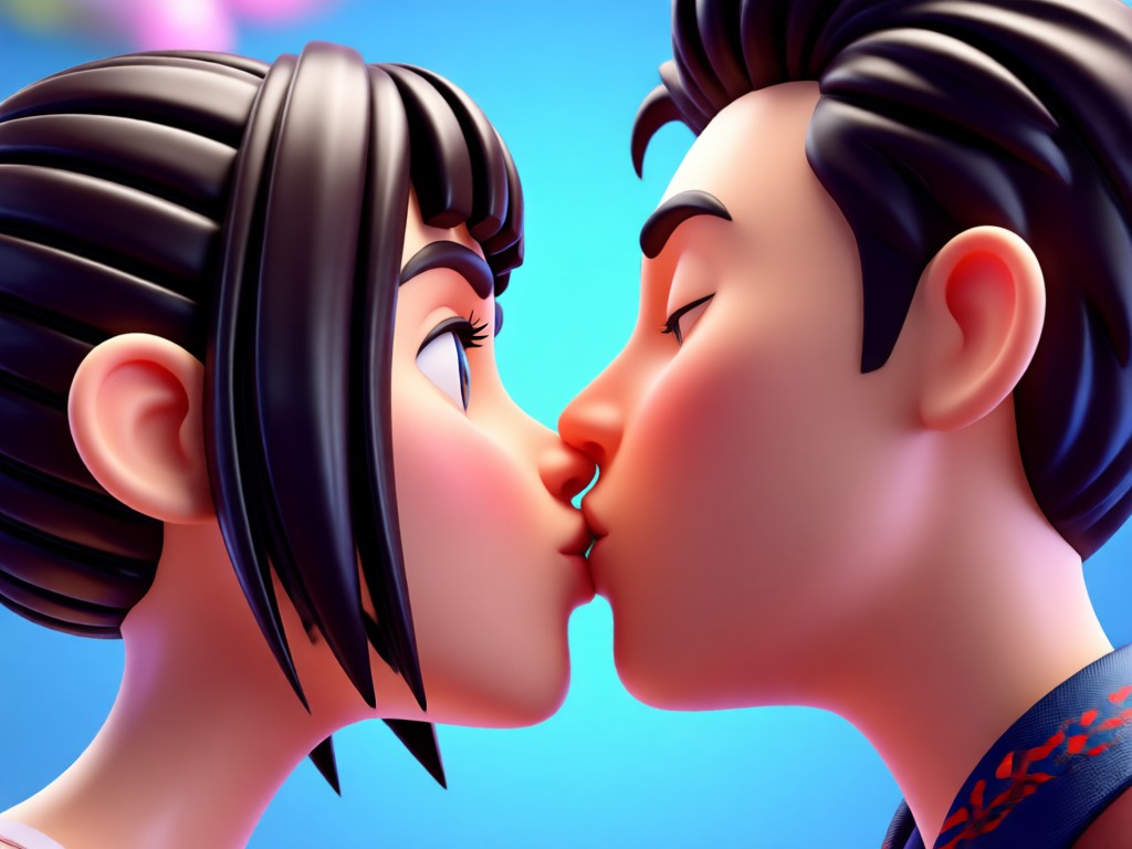 Animação realista 3D de personagens se beijando