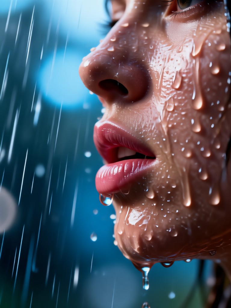 Escena de beso tormentoso dramático con efectos de viento y lluvia