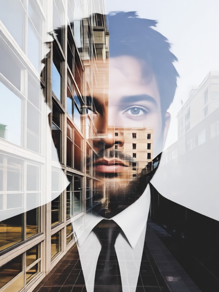 face and hands blended with a futuristic holographic city model