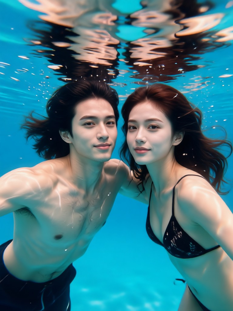 Dramatic black and white underwater couple photo