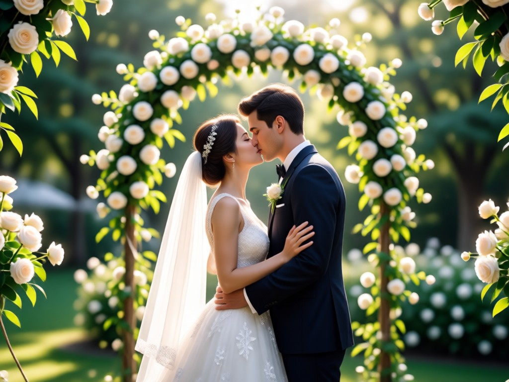Couple watching their own AI generated wedding kiss video